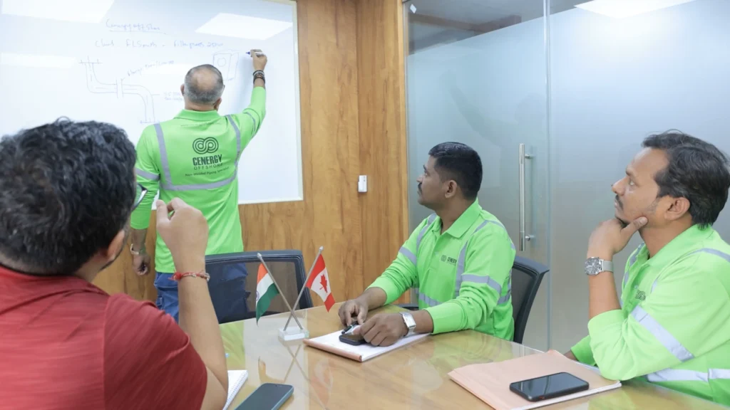 Cenergy Offshore Engineering team discussing on a problem in the conference room