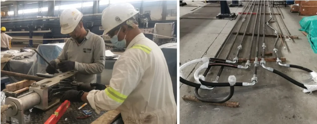 cenergy offshore personnel carrying out pipe bending, in the right image pipes looped together for flushing