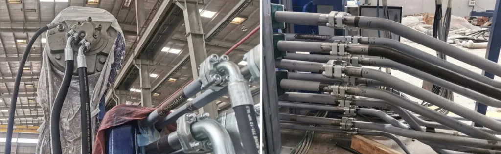 Filter press connected to hydraulic piping in the left image. Flange joints using the Tube-Mac 37 Degree Flare Flange Technology.
