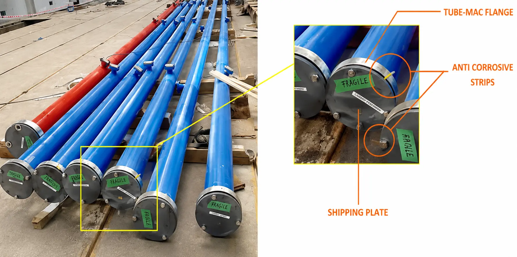 6 inch hydraulic system pipes laid on the floor with shipping plates at the end
