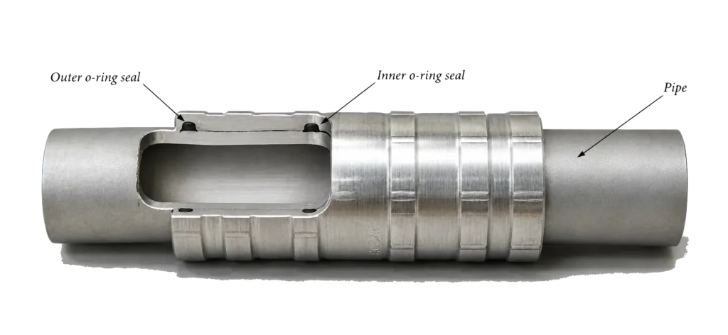 Pyplok® stainless steel straight coupling cutway section with inner and outer seal locations